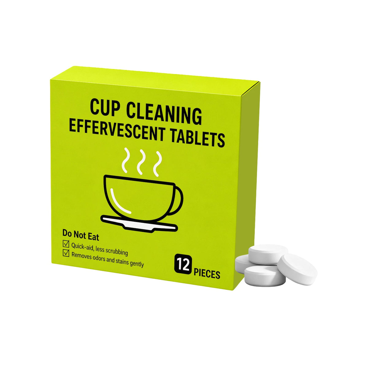 Cup Cleaning Effervescent Tablets – lime green box with 12 tablets