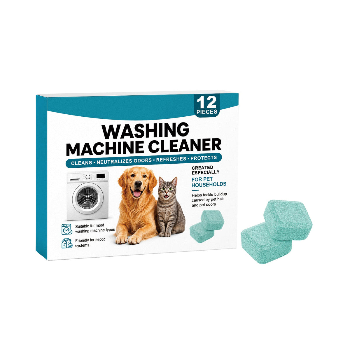 Washing Machine Cleaner Tablets 12-piece box with teal hexagonal tablets for pet households