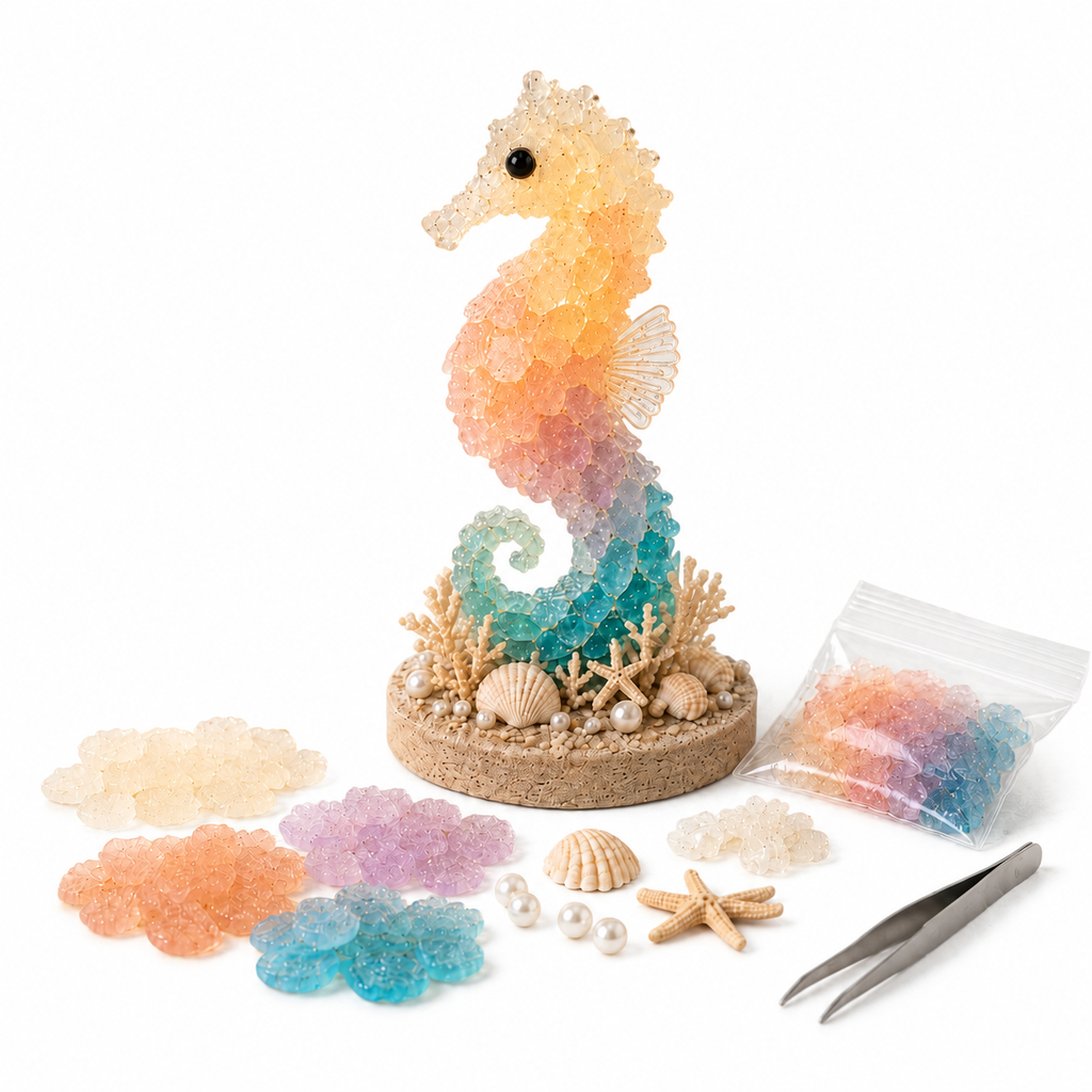 DIY seahorse bead sculpture kit with all components on white background