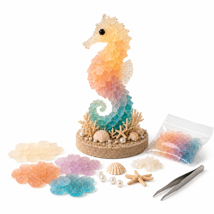DIY seahorse bead sculpture kit with all components on white background