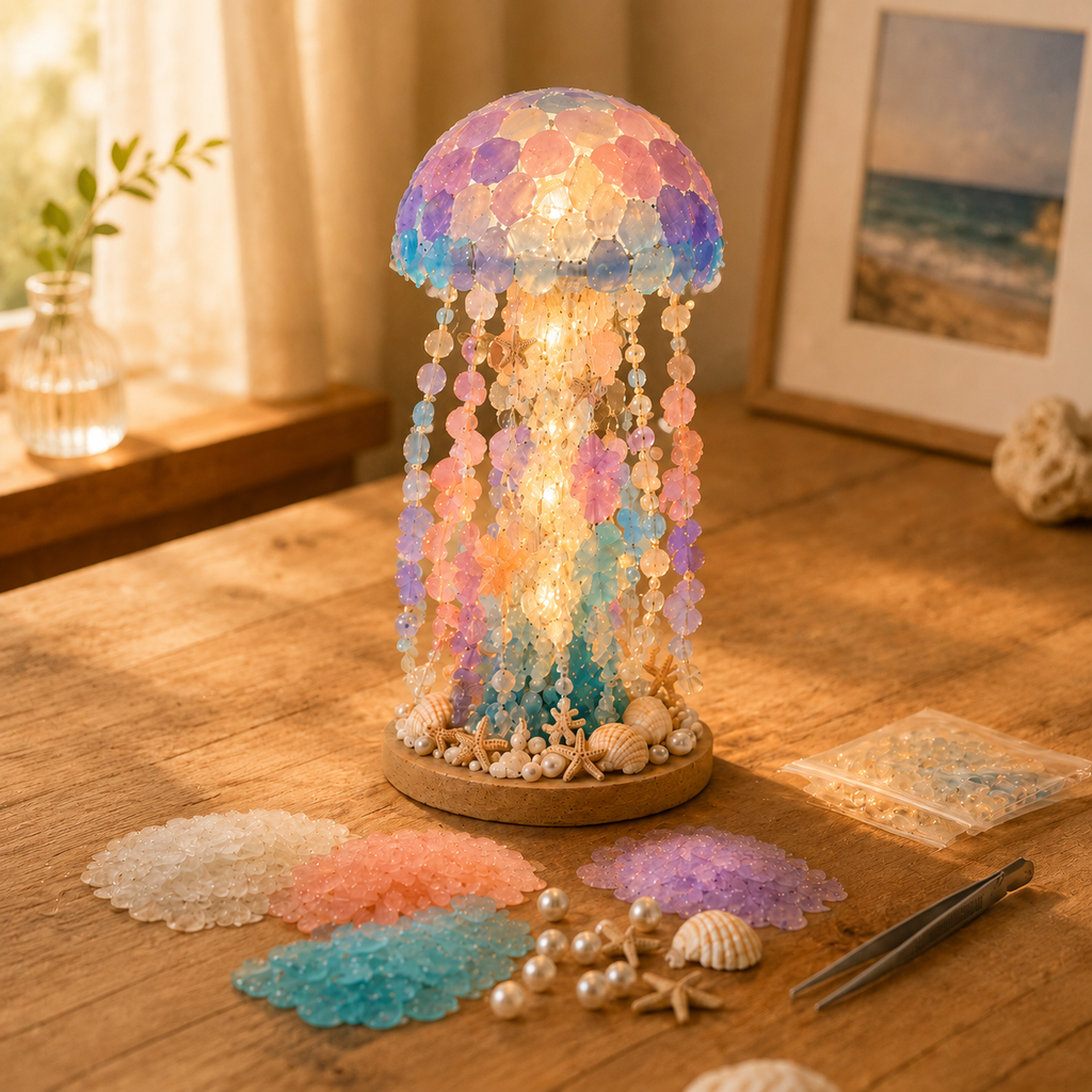DIY jellyfish night light lamp completed on wooden table with craft materials