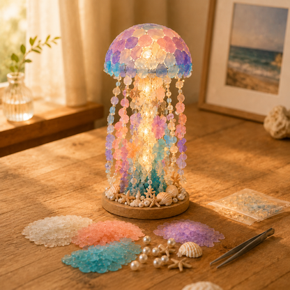 DIY jellyfish night light lamp completed on wooden table with craft materials