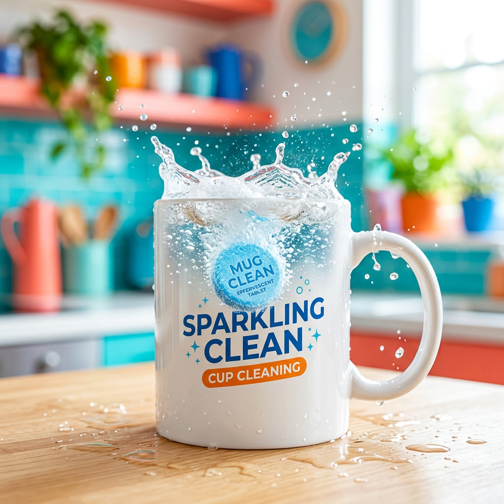 Effervescent tablet fizzing in stained mug lifestyle shot
