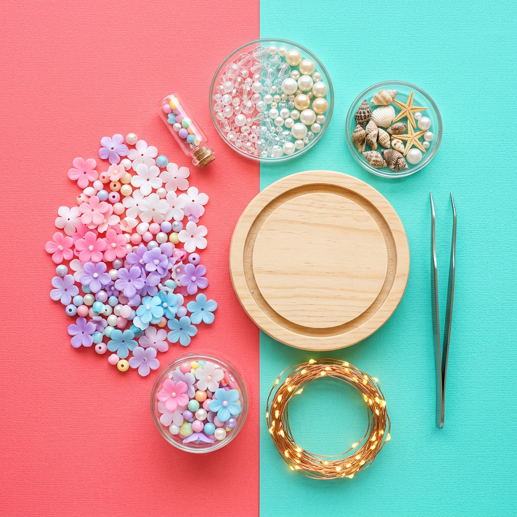 Kit components flat lay coral pink aqua background