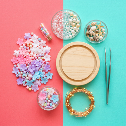 Kit components flat lay coral pink aqua background