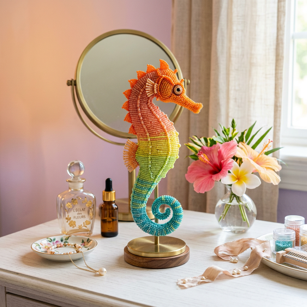 Seahorse sculpture on vanity desk feminine lifestyle scene