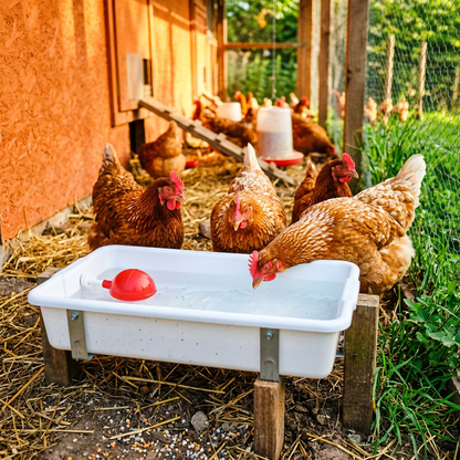 Poultry farm chickens drinking from auto water tray