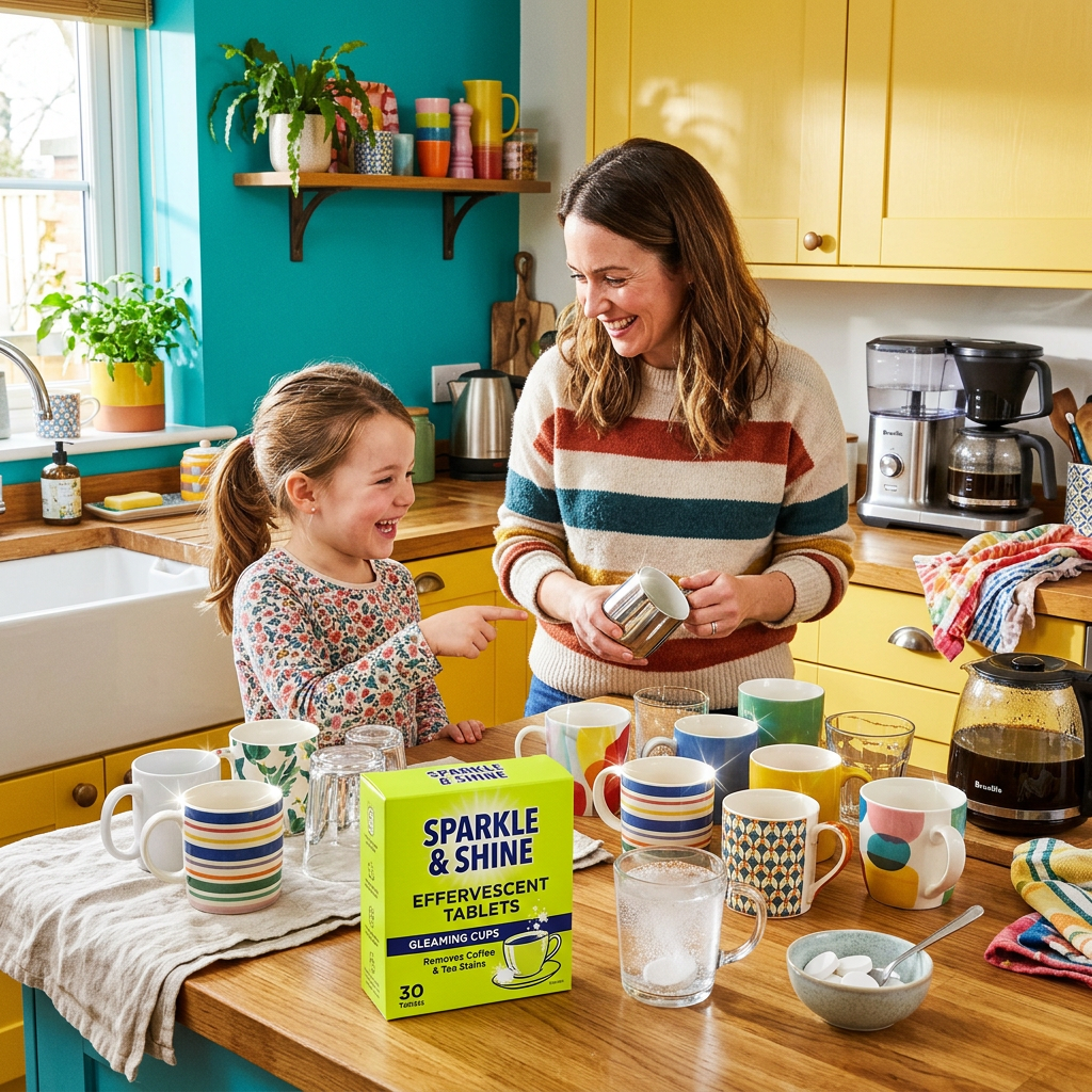 Kitchen lifestyle scene with gleaming clean mugs