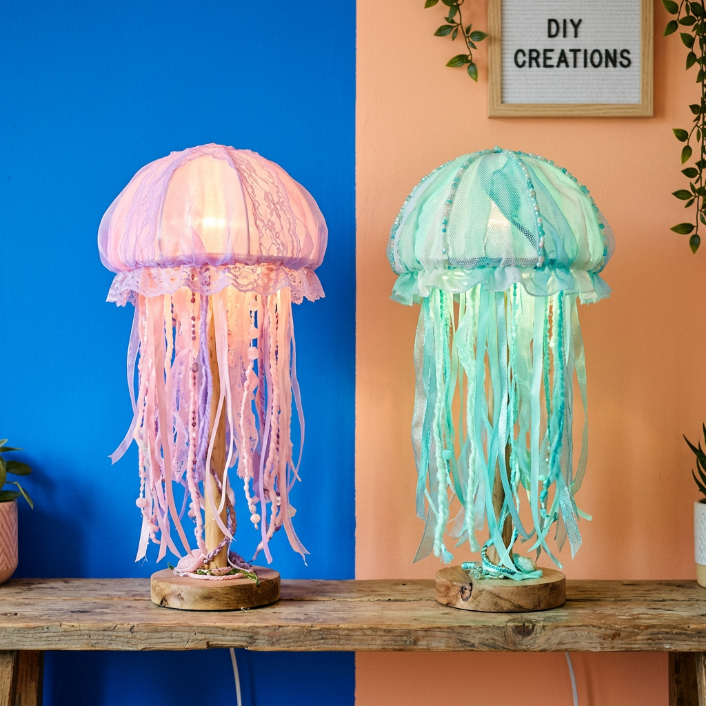 Two jellyfish lamps pink-purple vs teal-blue color comparison