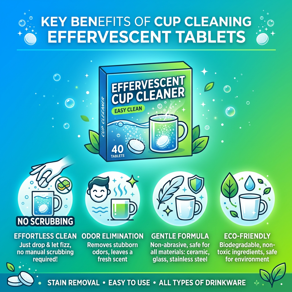 Key benefits graphic with icons – no scrub, odor-free, eco-friendly