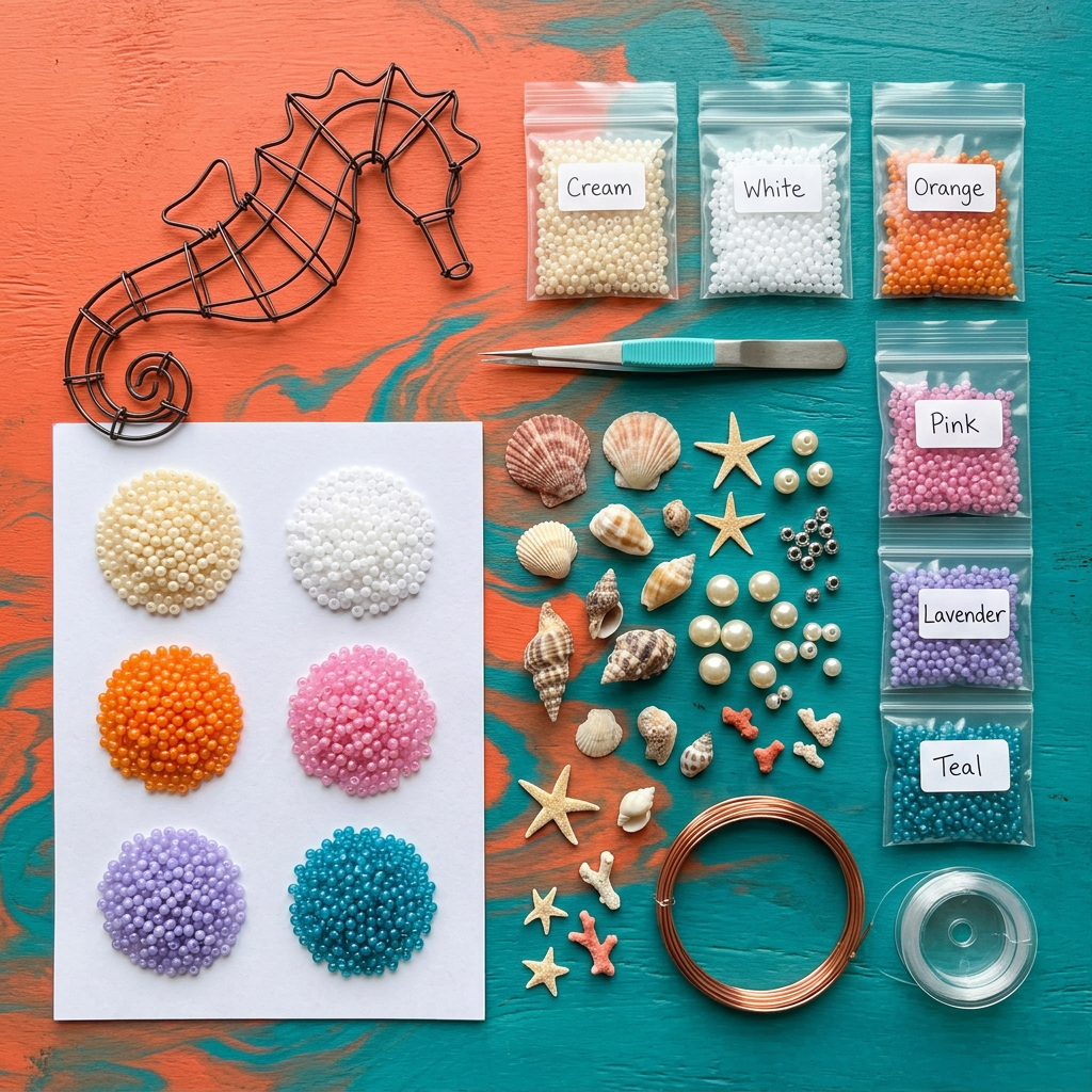 All kit components flat lay coral teal background