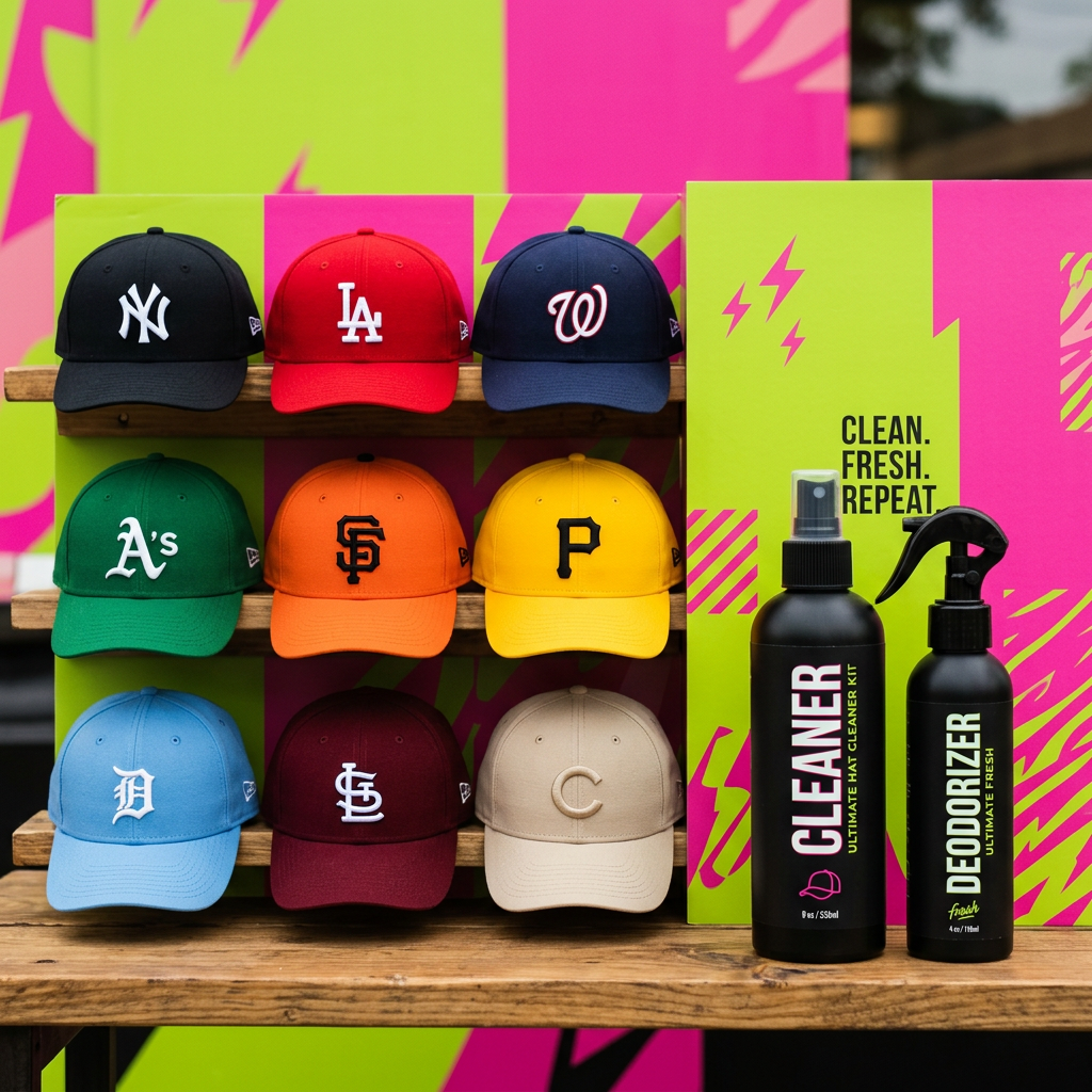 Multiple clean colorful hats with kit display