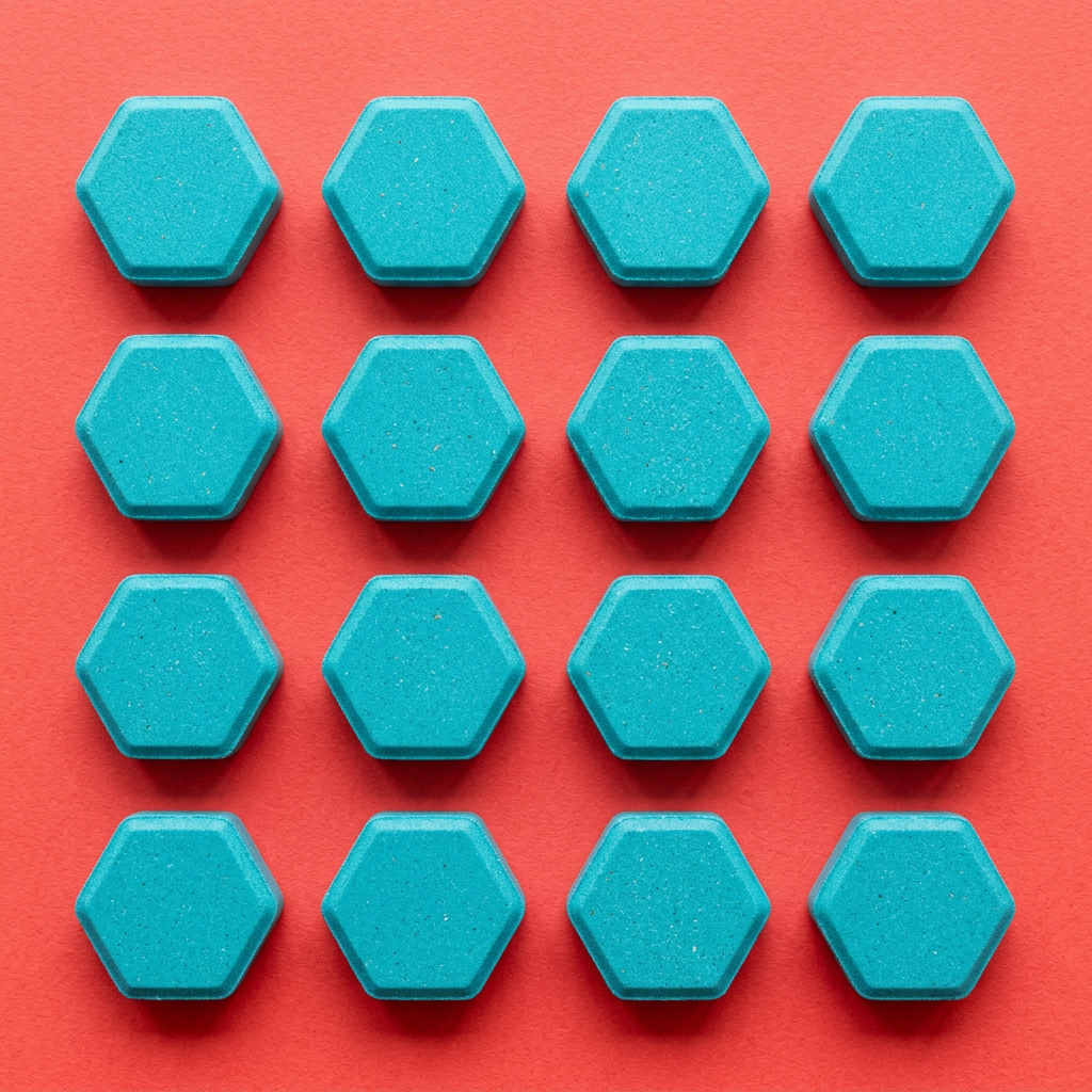 Overhead flat lay coral background 12 tablets grid