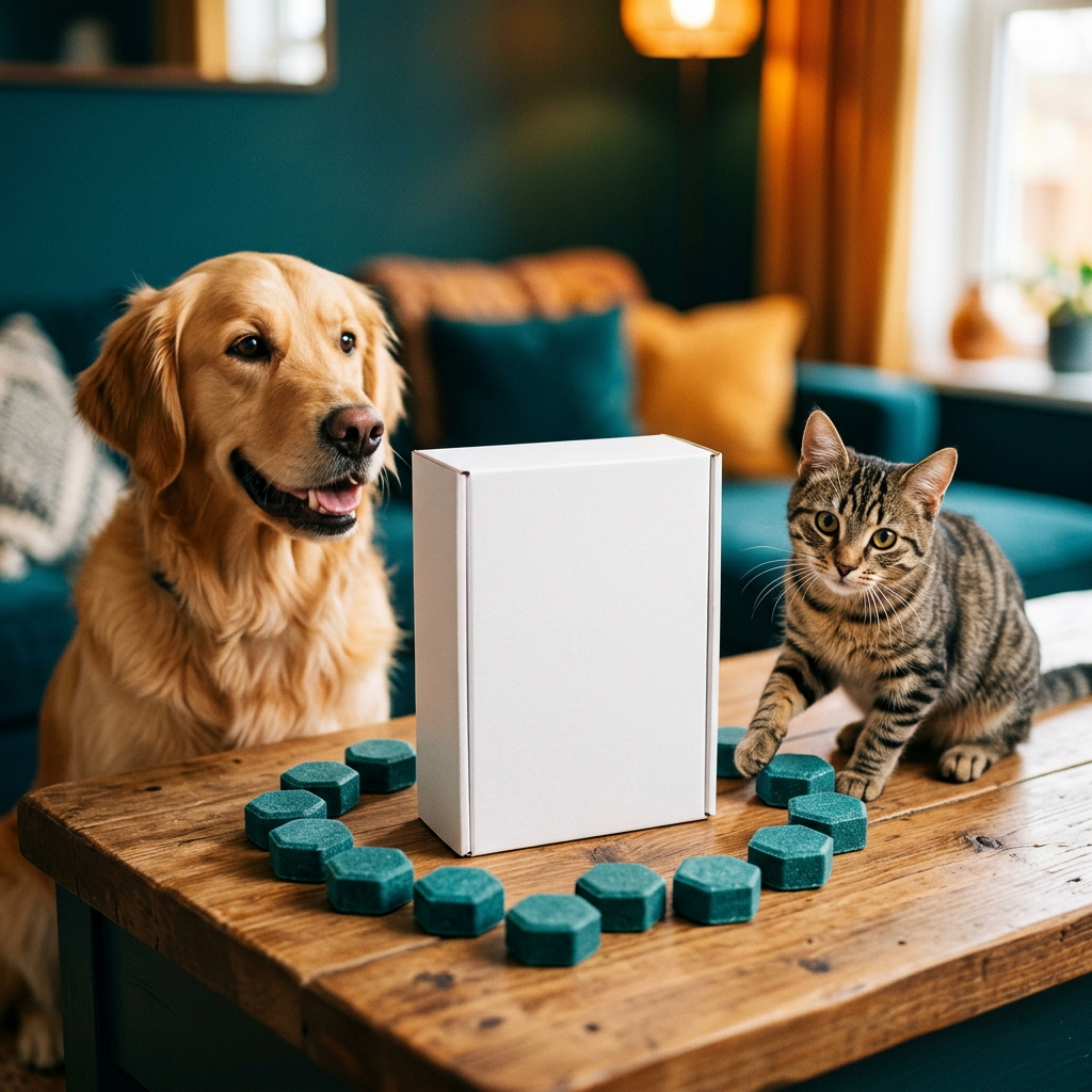 Hero shot with dog and cat teal amber background