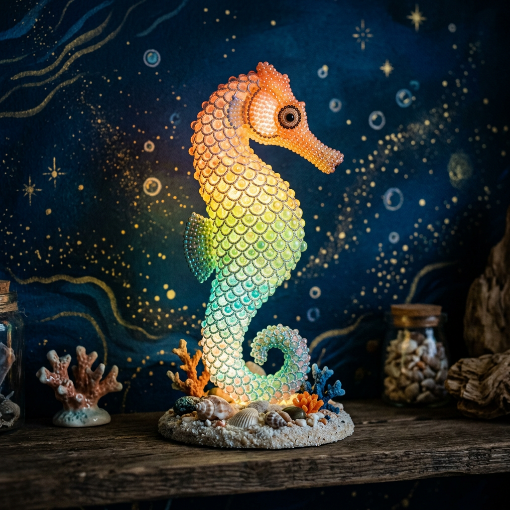 Completed seahorse sculpture on shelf midnight blue gold background