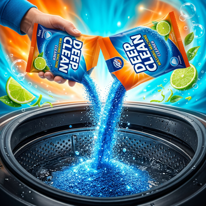 Blue powder being poured into washing machine