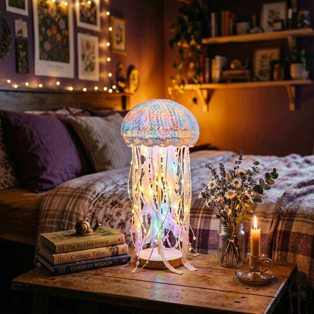 Jellyfish lamp glowing on cozy bedroom nightstand