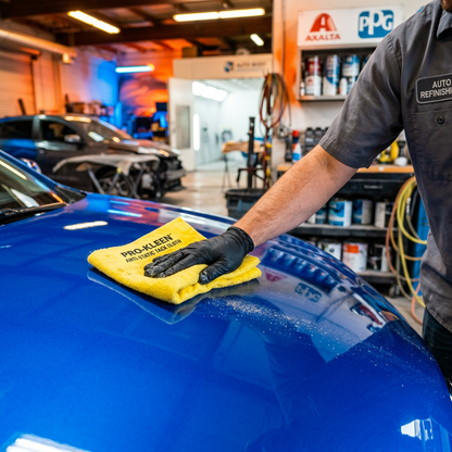 Tack cloth wiping dust off car hood automotive action shot