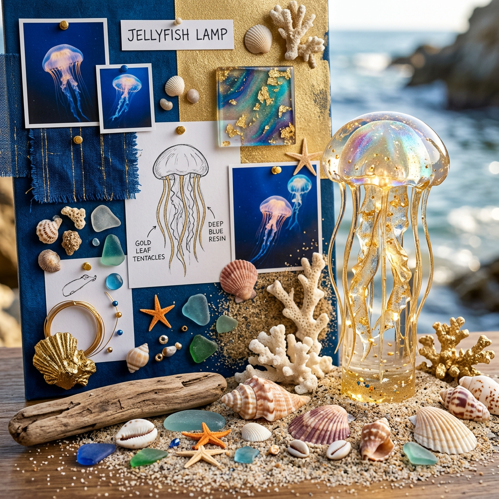 Ocean theme mood board jellyfish lamp with seashells coral
