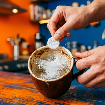 Hands dropping tablet into stained coffee mug action shot