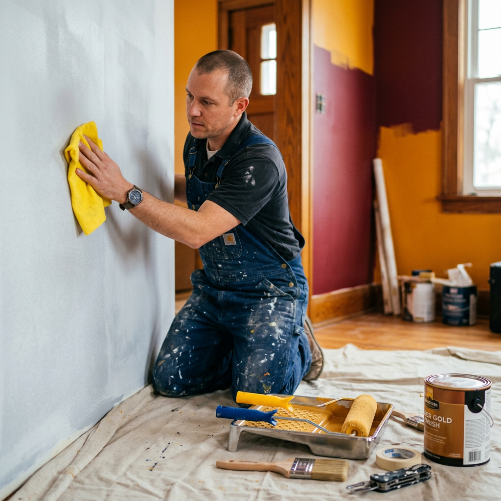 Professional painter using tack cloth on wall before painting