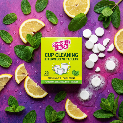 Flat lay overhead shot with mint and lemon accents