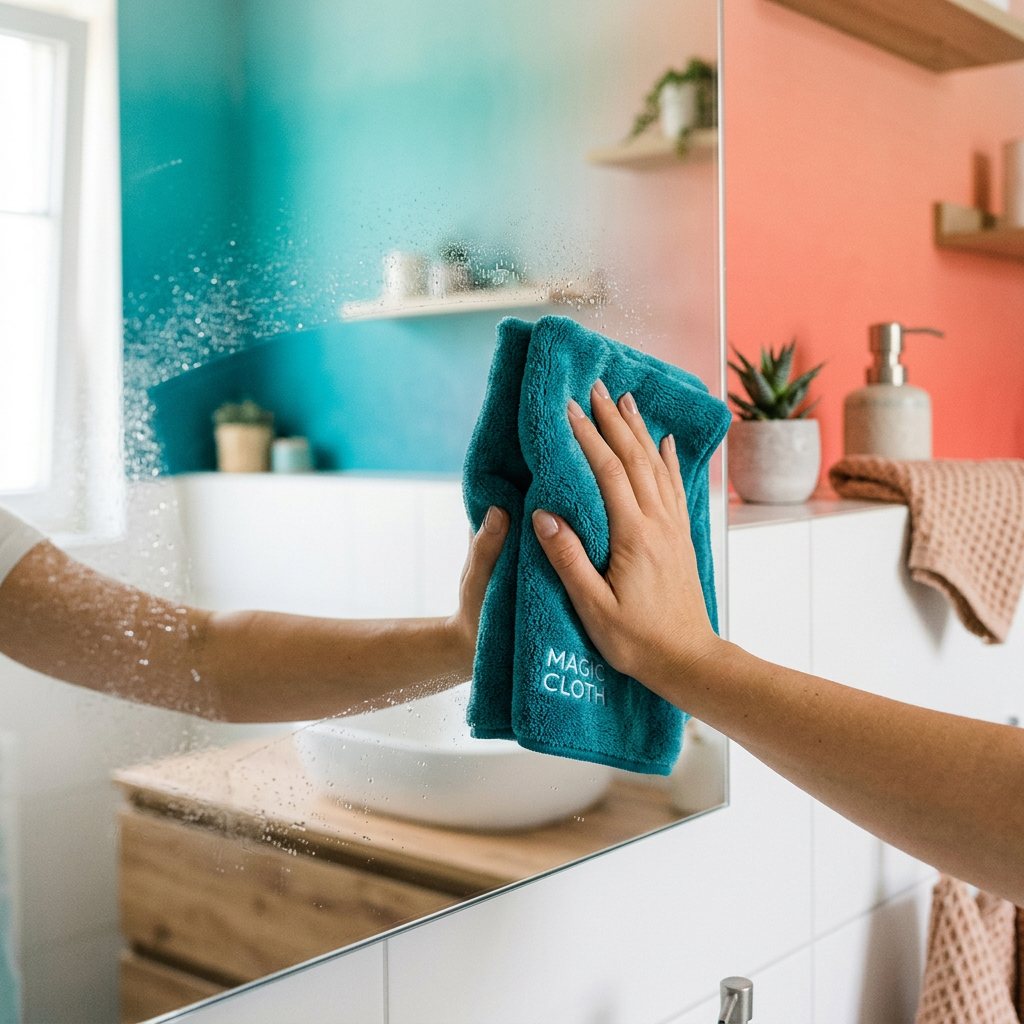 Magic Cloth cleaning bathroom mirror