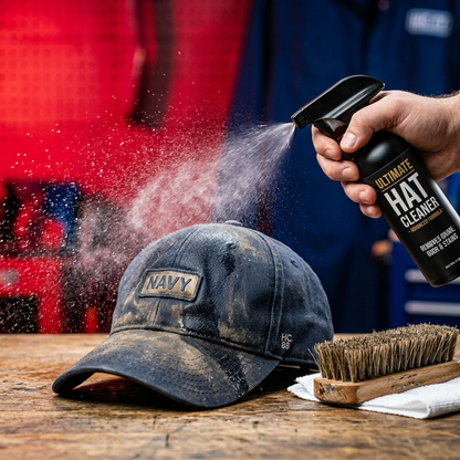 Spraying cleaner on dirty baseball cap action shot