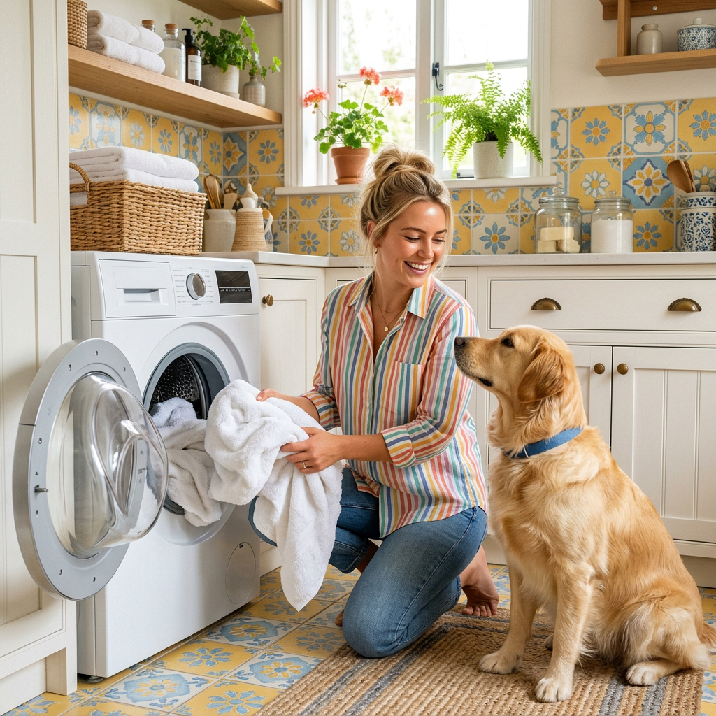 Lifestyle laundry room woman and golden retriever