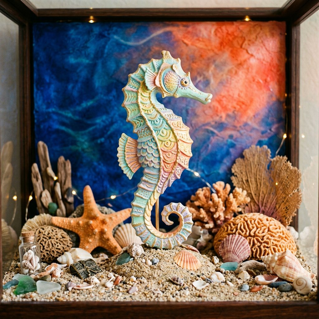 Ocean themed display sapphire blue coral orange background