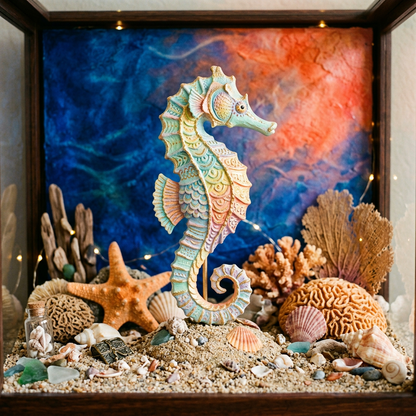 Ocean themed display sapphire blue coral orange background