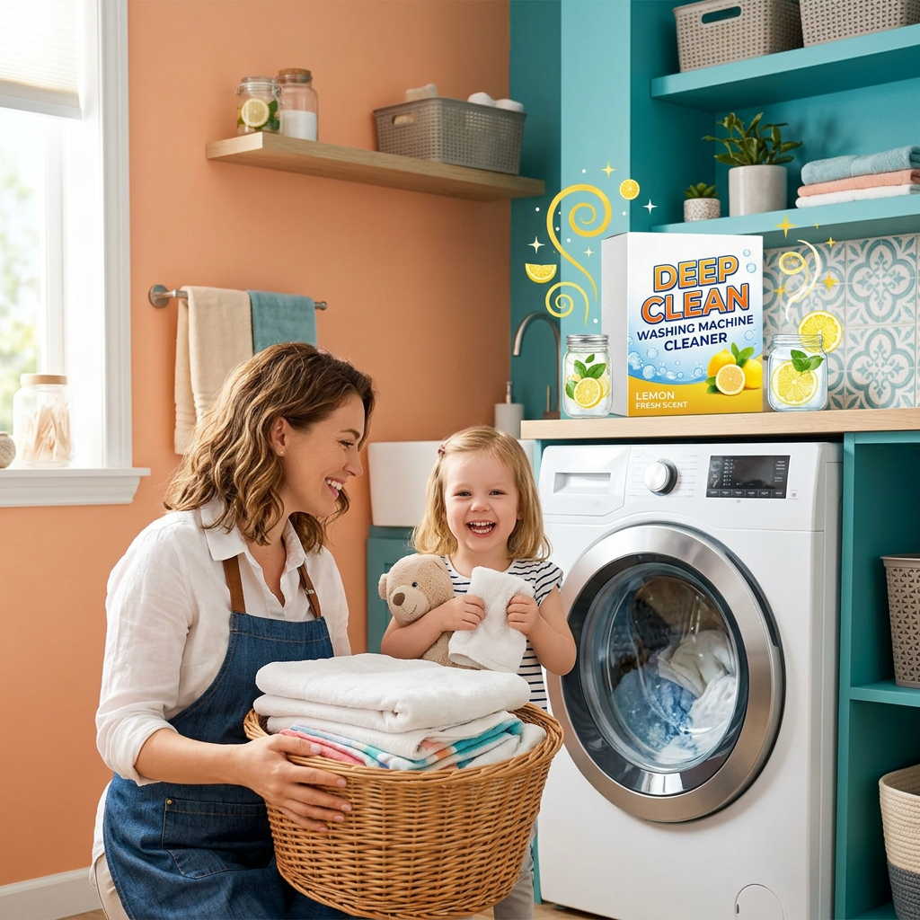 Family laundry room lifestyle scene