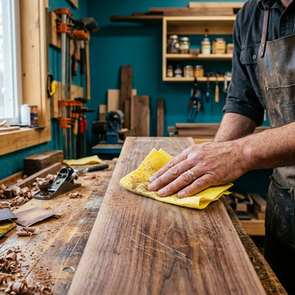 Woodworking workshop sawdust removal lifestyle scene