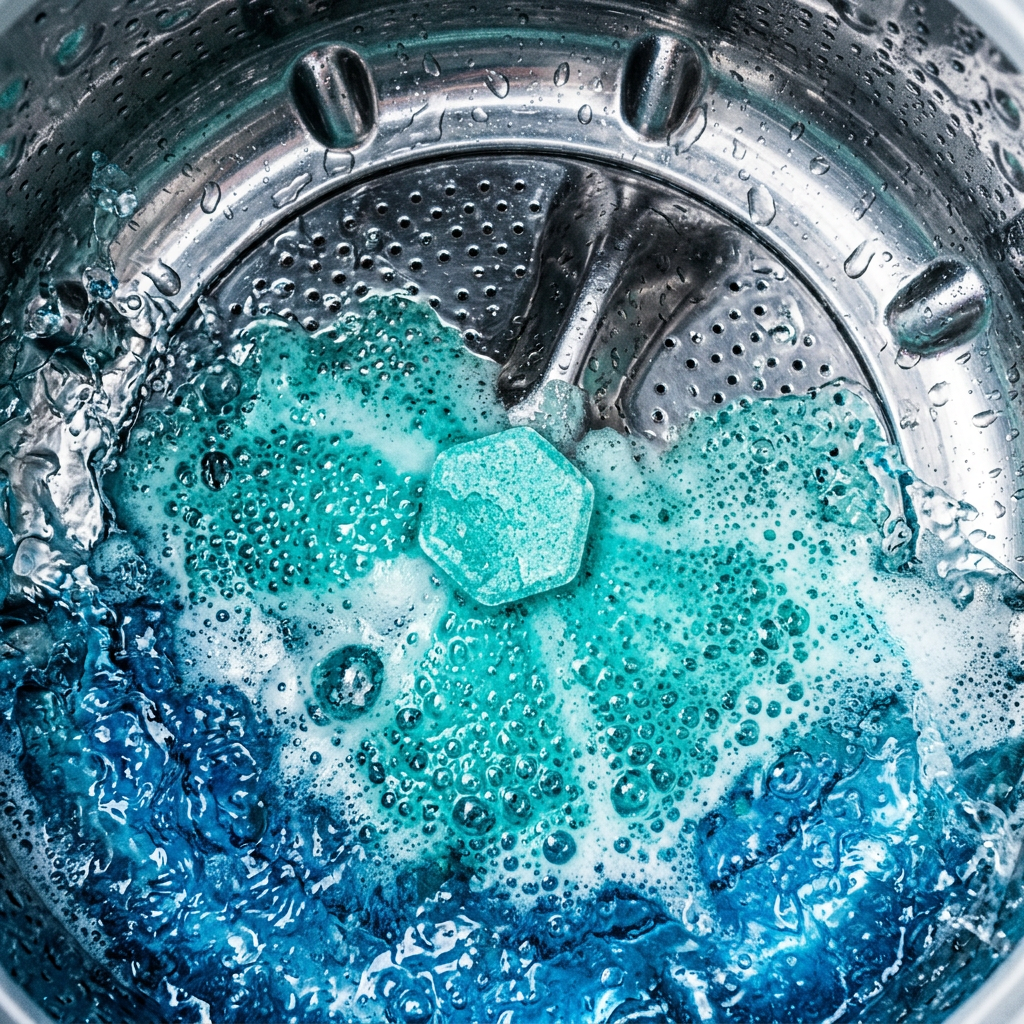 Fizzing tablet inside washing machine drum close-up