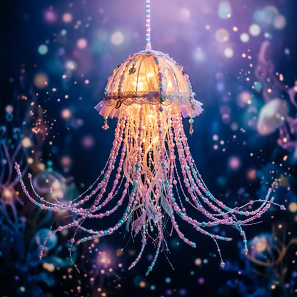 Glowing jellyfish lamp lit in dark midnight blue atmosphere